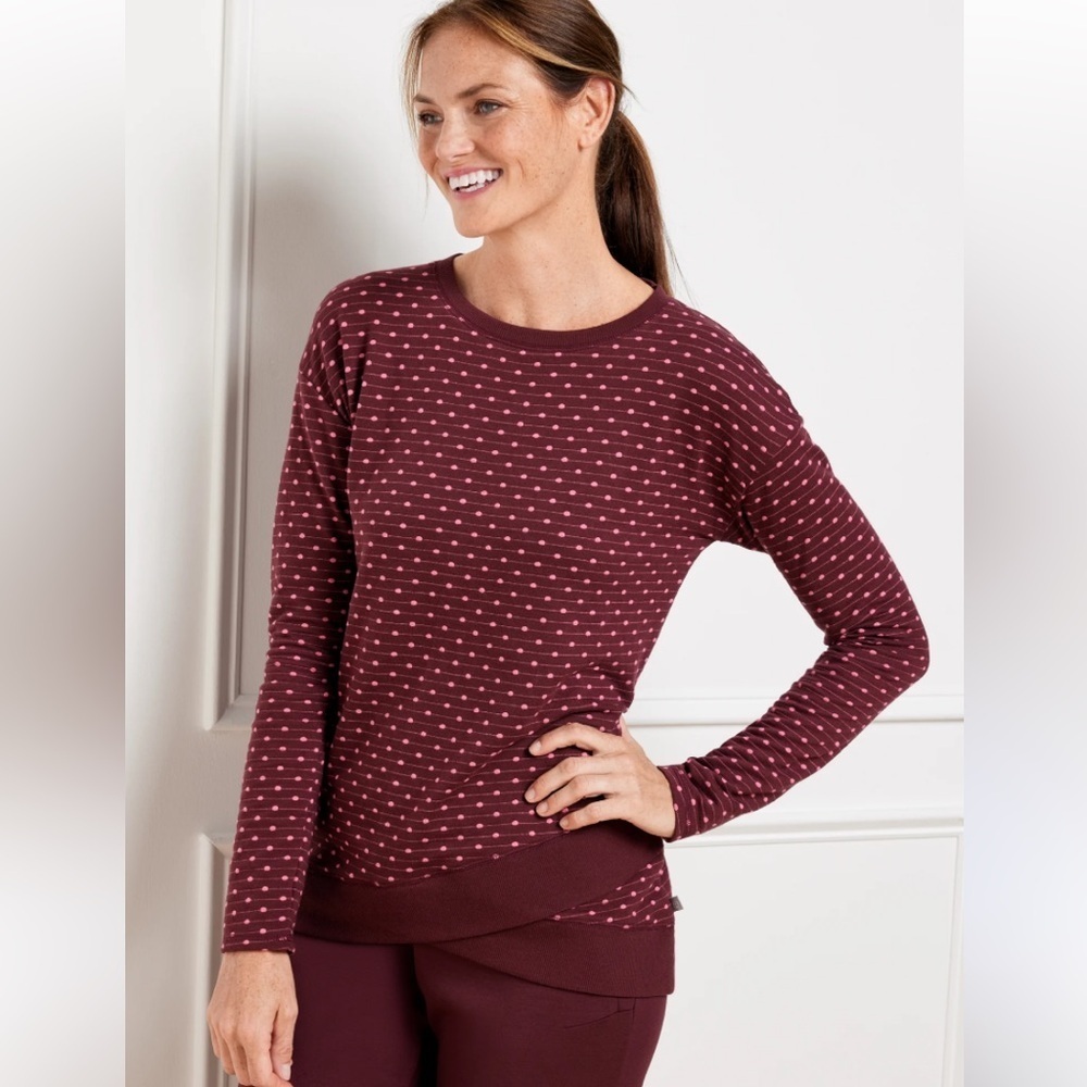 T by Talbots jacquard wrap hem pullover maroon pink polka dots Large